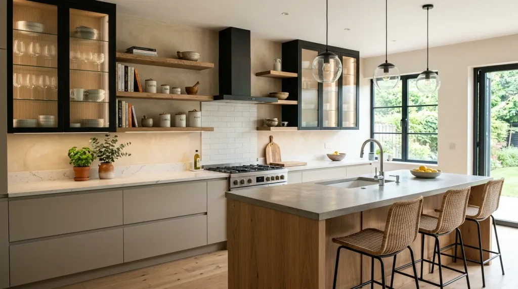 Open Face Kitchen Cabinets: A Complete Style & Setup Guide 3 open cabinet kitchen with glass front cabinet doors