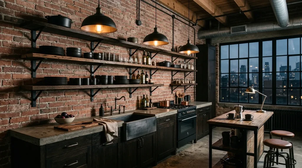 Open Kitchen Cabinets: The Ultimate Guide to a Bright, Airy Kitchen 5 industrial style open cabinet kitchen with black metal shelves and brick wall