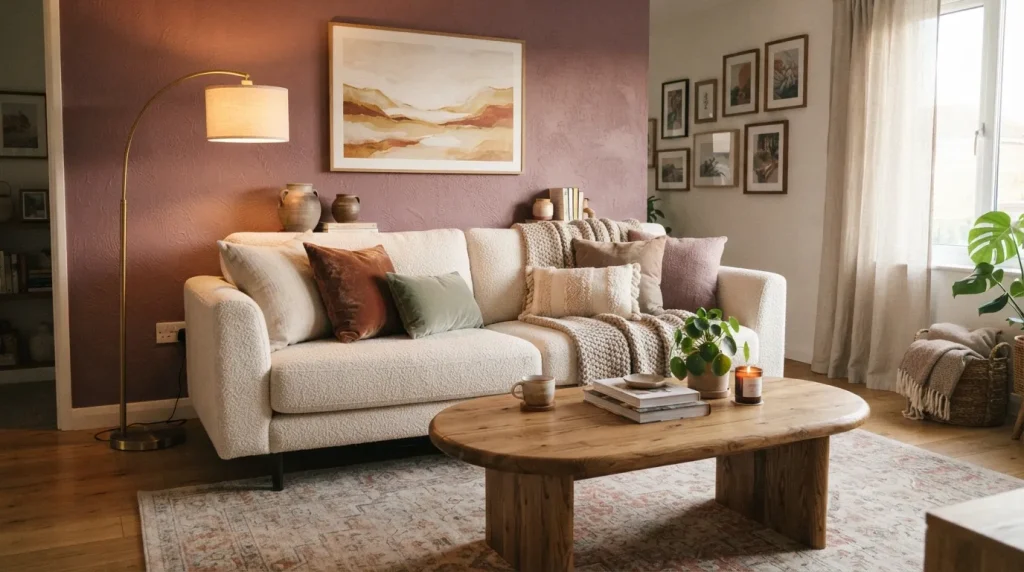 Accent Wall Living Room Ideas: A Complete Design Guide 4 Living room with accent wall in soft mauve paint color