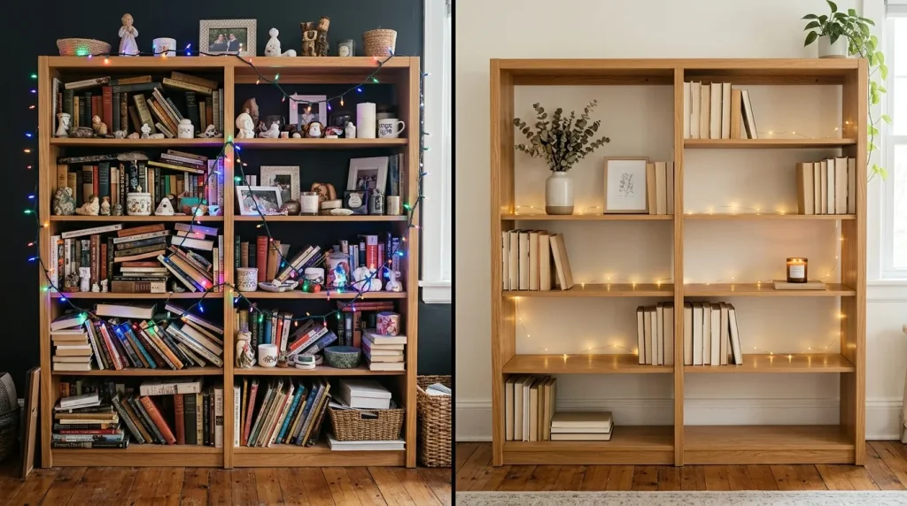 Minimal Light Ideas: How to Style Fairy Lights on a Bookshelf 4 Cluttered versus clean minimal light bookshelf comparison