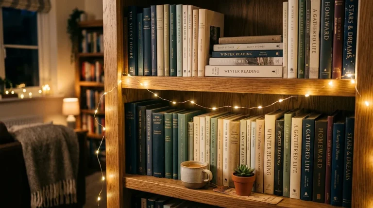 Minimal Light Ideas: How to Style Fairy Lights on a Bookshelf 2 Warm white fairy lights draped along a bookshelf edge