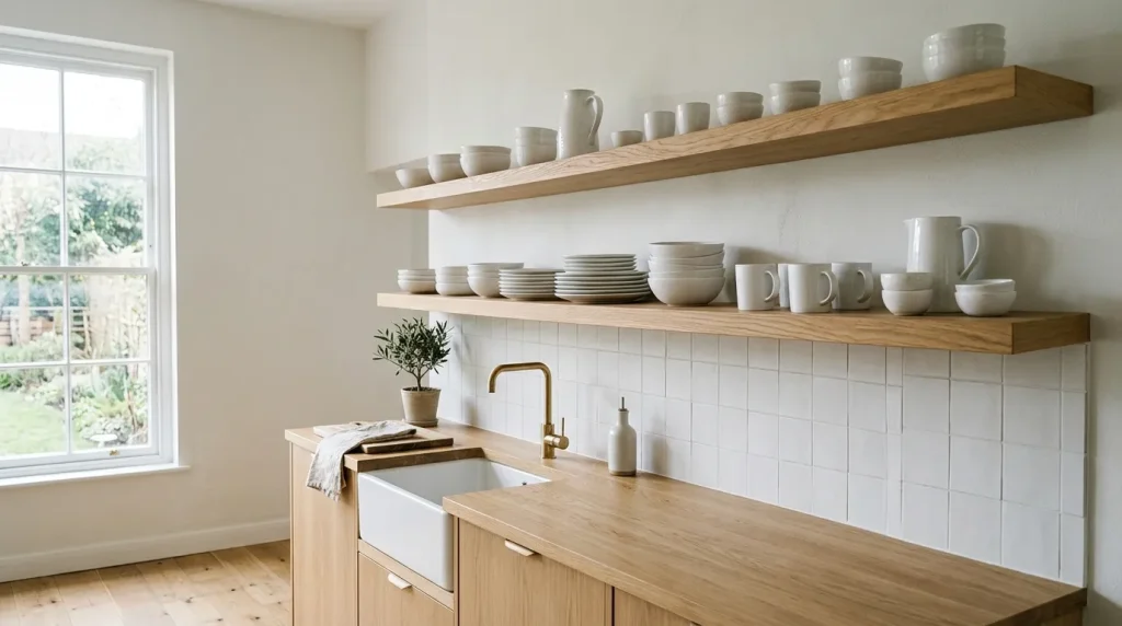 Open Kitchen Cupboards: Ideas to Style and Organize Yours Beautifully 3 minimalist open kitchen cupboards with white dishware