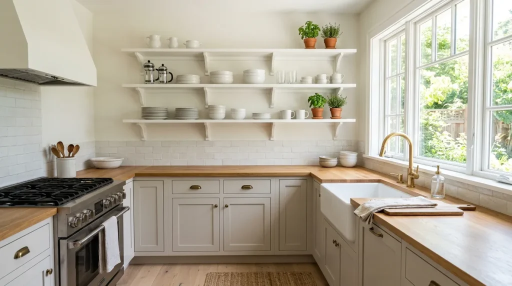 Open Kitchen Cabinets: The Ultimate Guide to a Bright, Airy Kitchen 2 open kitchen cabinets in a modern farmhouse style with white dishware