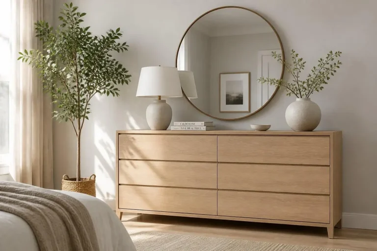 Dresser Decor Ideas: Modern Bedroom Styling Tips for Every Home 2 Minimal dresser decor with mirror, lamp, and plant