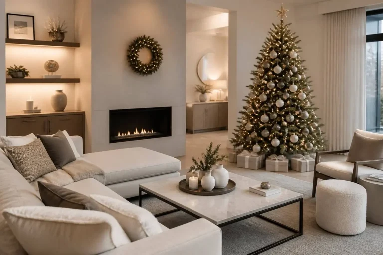 Modern Xmas Tree Ideas: Stylish Designs, Contemporary Decorations & Complete Guide 2 Modern xmas tree decorated in minimalist living room with white ornaments and warm lights