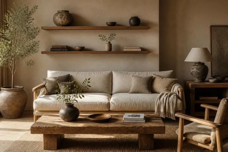 Wabi Sabi Color Palette: A Complete Guide to Creating Calm, Natural, and Timeless Interiors 2 Wabi sabi color palette living room with earthy tones and natural plants