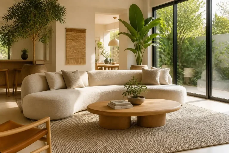 Organic Modern Couch: The Ultimate Guide to Choosing a Stylish and Comfortable Modern Organic Sofa 2 Organic modern couch with beige linen fabric in a natural contemporary living room