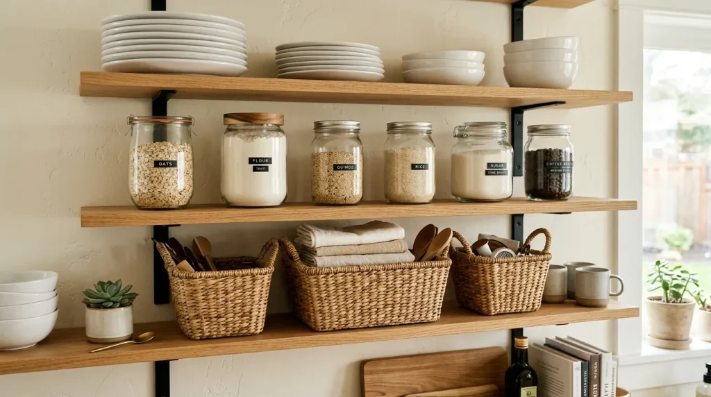 Open Kitchen Cabinets: The Ultimate Guide to a Bright, Airy Kitchen 4 organized open kitchen cupboards with grouped dishware and glass jars
