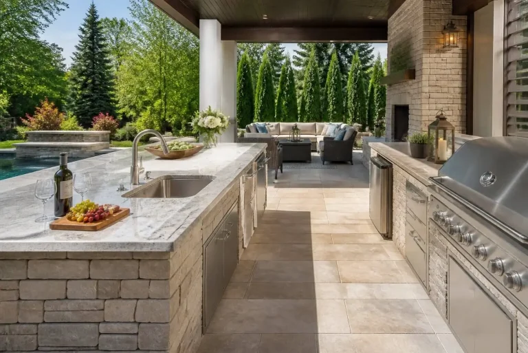 Luxury Outdoor Kitchen Ideas: How to Design an Elegant Outdoor Kitchen Your Guests Won't Forget 2 outdoor kitchen zoned into cooking prep and social areas