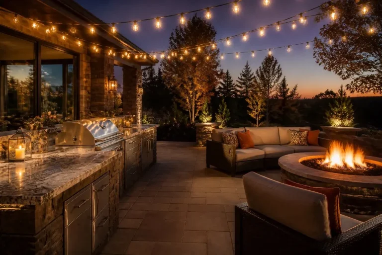 Luxury Outdoor Kitchen Ideas: How to Design an Elegant Outdoor Kitchen Your Guests Won't Forget 4 outdoor kitchen with fire pit and evening lighting for extended use