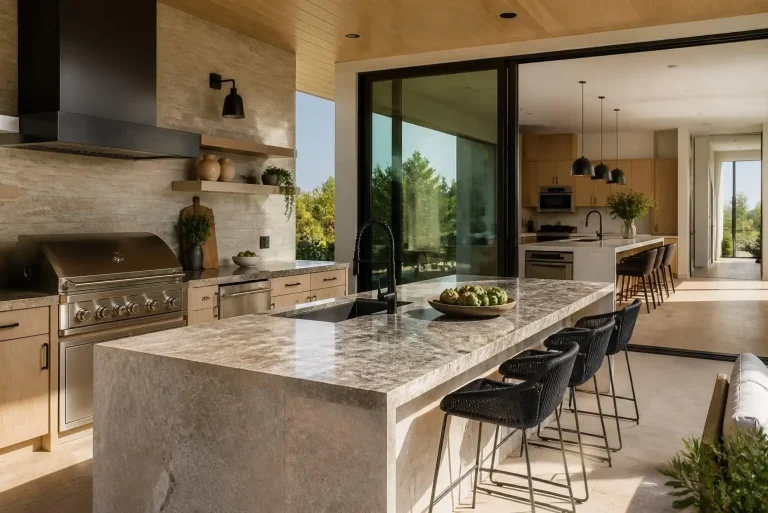 Luxury Outdoor Kitchen Ideas: How to Design an Elegant Outdoor Kitchen Your Guests Won't Forget 3 outdoor kitchen with natural stone and matching indoor-outdoor finishes