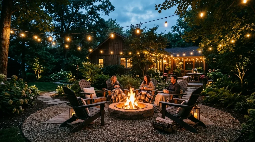Fire Pit Ideas: The Ultimate Guide to Pea Gravel Fire Pit Areas 5 pea gravel fire pit area glowing at night with seating