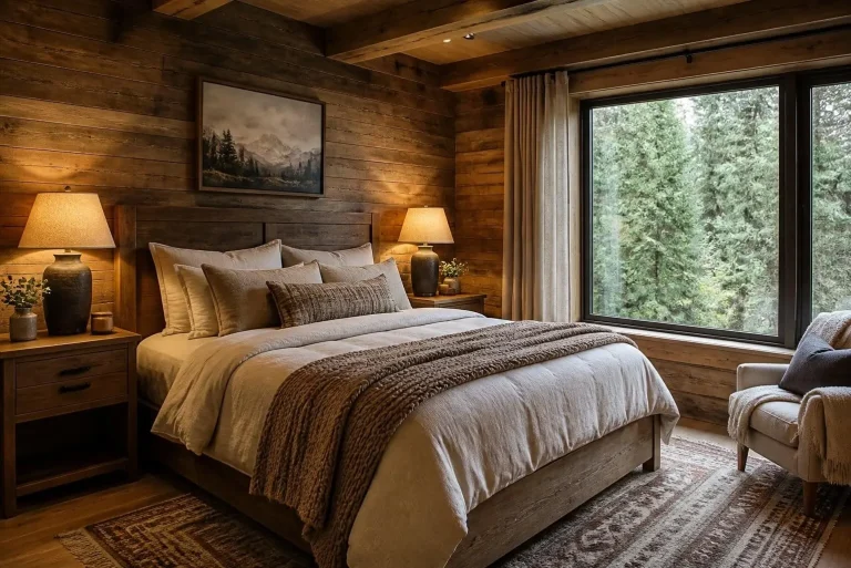 Cabin Decor Ideas: Create a Cozy, Modern, and Rustic Retreat With Timeless Style 3 Rustic cabin bedroom with wooden interior and cozy bedding
