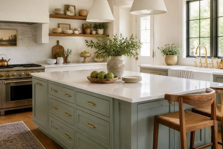 Farmhouse Kitchens 2026: The Complete Guide to Timeless Farmhouse Kitchen Design 2 sage green farmhouse kitchen island with brass hardware