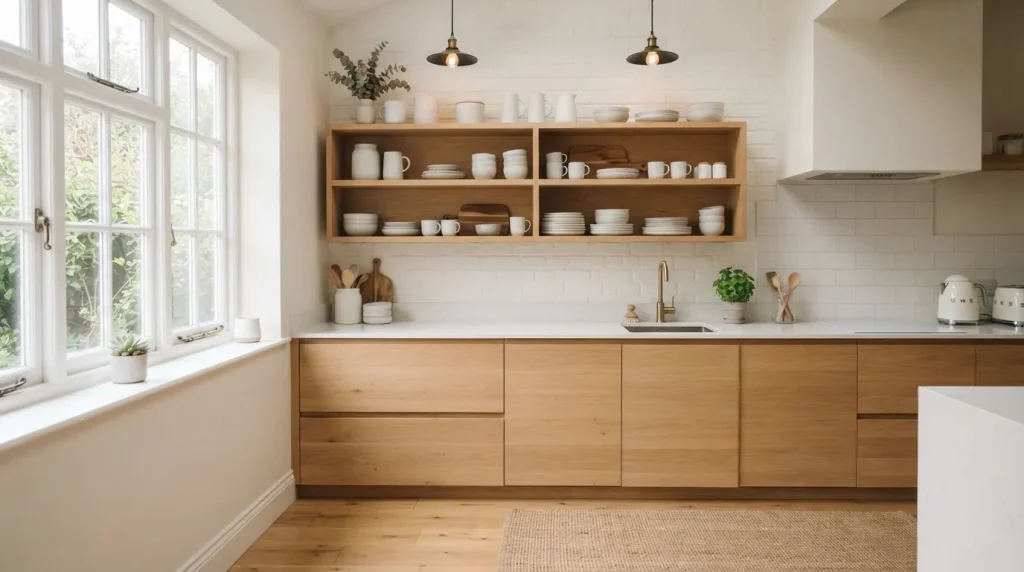 Open Face Kitchen Cabinets: A Complete Style & Setup Guide 5 open face cabinets kitchen in Scandinavian style with light oak shelving