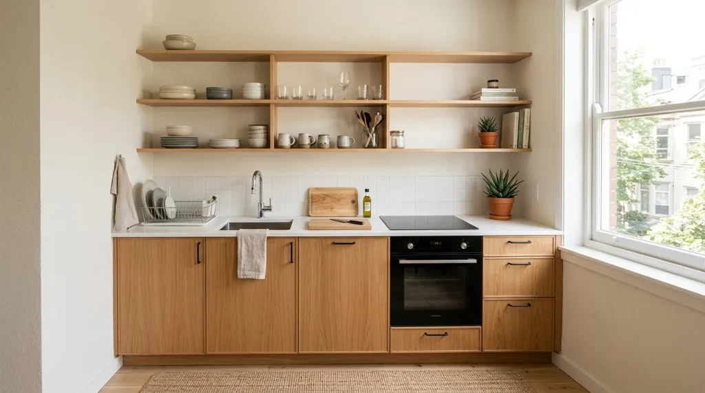 Open Kitchen Cabinets: The Ultimate Guide to a Bright, Airy Kitchen 3 small kitchen with open face kitchen cabinets and light wood shelving
