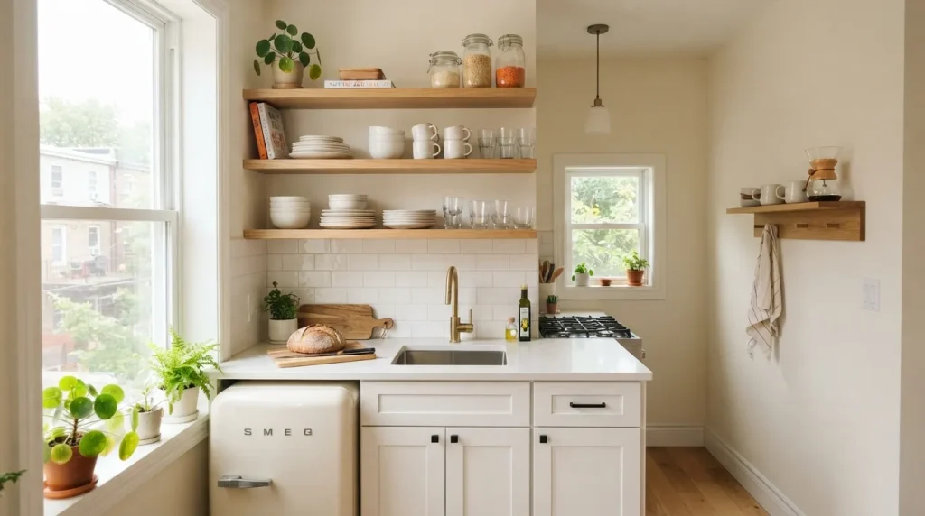 Open Kitchen Cupboards: Ideas to Style and Organize Yours Beautifully 4 small kitchen with open kitchen cupboards layout