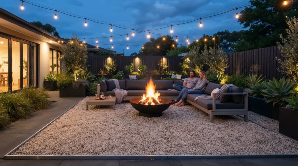 Fire Pit Ideas: The Ultimate Guide to Pea Gravel Fire Pit Areas 4 square gravel fire pit area with modern outdoor seating