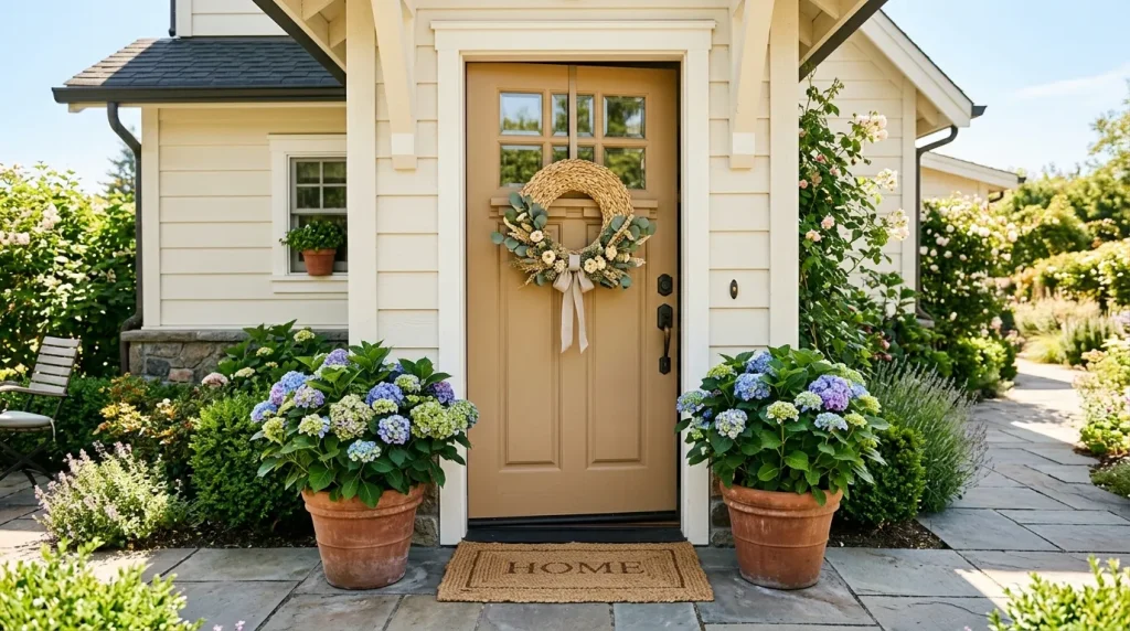 Front Door Designs: The Complete Guide to Style, Color, and Seasonal Decor 3 Summer front door decor ideas with woven wreath and potted hydrangeas