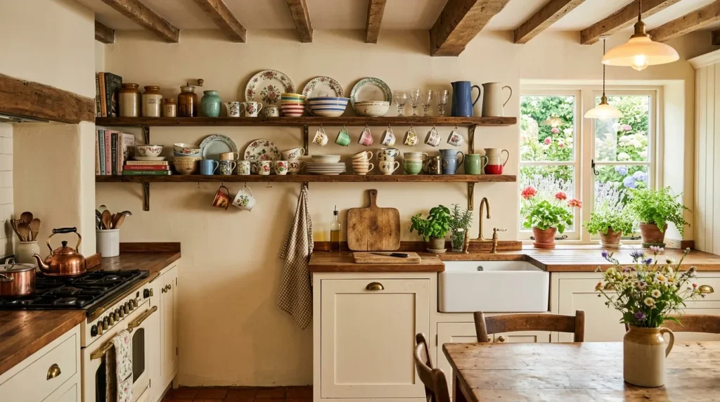 Open Kitchen Cupboards: Ideas to Style and Organize Yours Beautifully 2 vintage style open cabinet kitchen with mismatched dishware