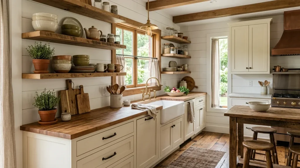 Kitchen Open Cabinet Ideas: How to Design a Bright, Functional Space 3 warm wood open kitchen cabinet with earthy dishware
