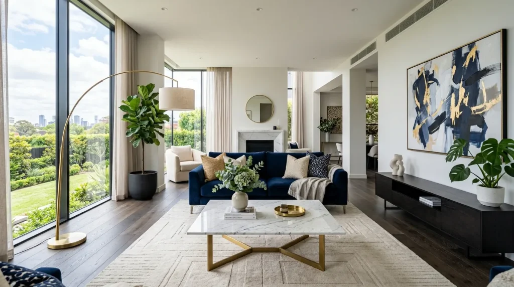 Blue Sofa Living Room Ideas: The Ultimate Guide to Designing a Stylish Blue Sofa Living Room 5 Elegant blue sofa living room with gold accents and marble coffee table
