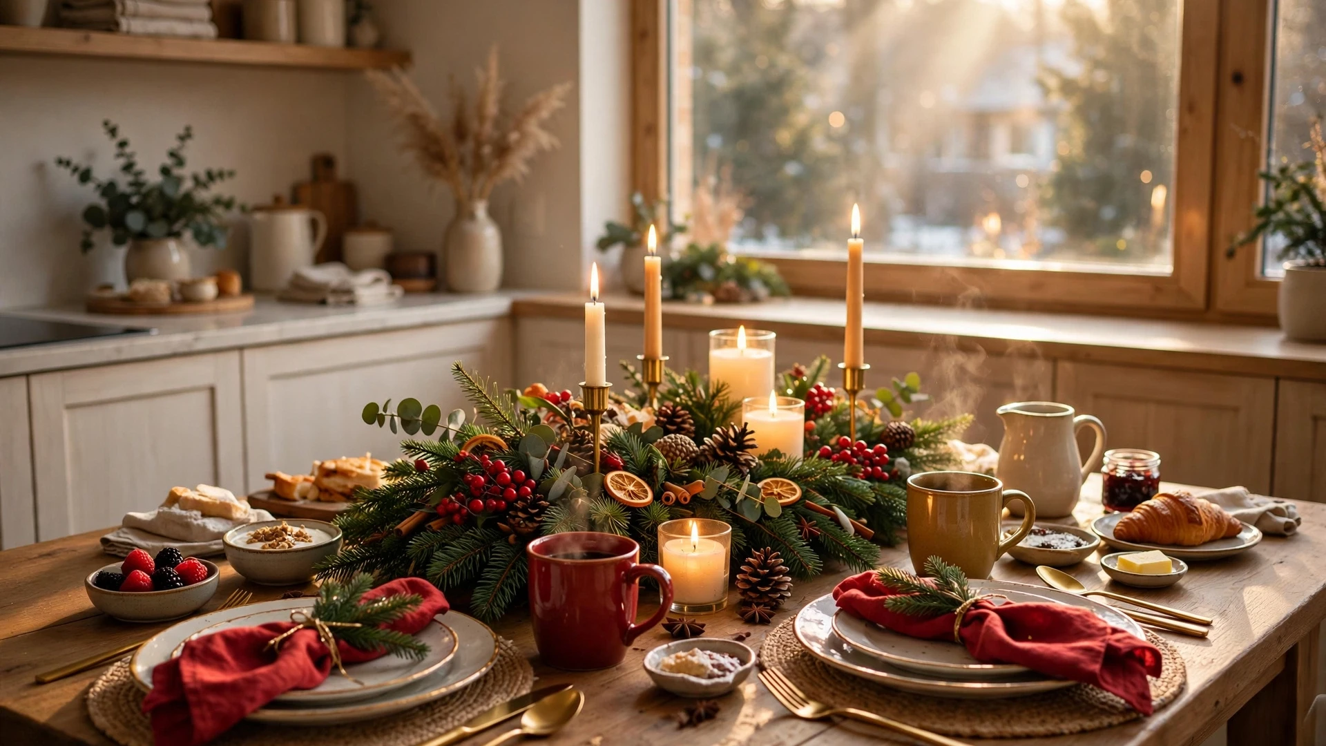 Christmas Kitchen Decor: 25 Festive Ideas to Deck Your Kitchen for the Holidays 2 Festive Christmas kitchen tablescape with evergreen centerpiece and candles — christmas kitchen decor
