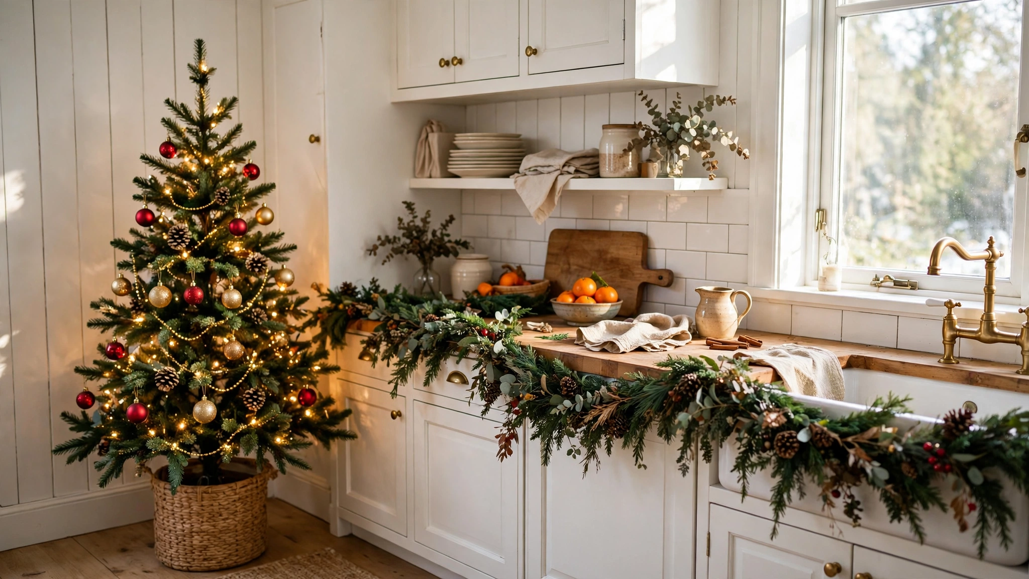 Christmas Kitchen Decor: 25 Festive Ideas to Deck Your Kitchen for the Holidays 4 Small decorated Christmas tree in a farmhouse kitchen corner — christmas kitchen decor