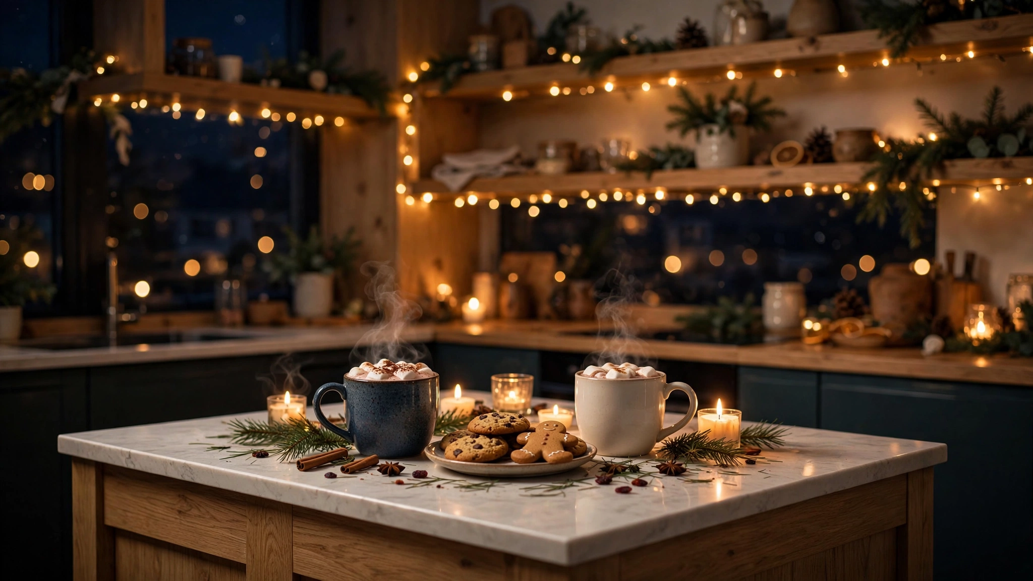 Christmas Kitchen Decor: 25 Festive Ideas to Deck Your Kitchen for the Holidays 5 Kitchen island with fairy lights, cocoa mugs and cookies at night — christmas kitchen decor