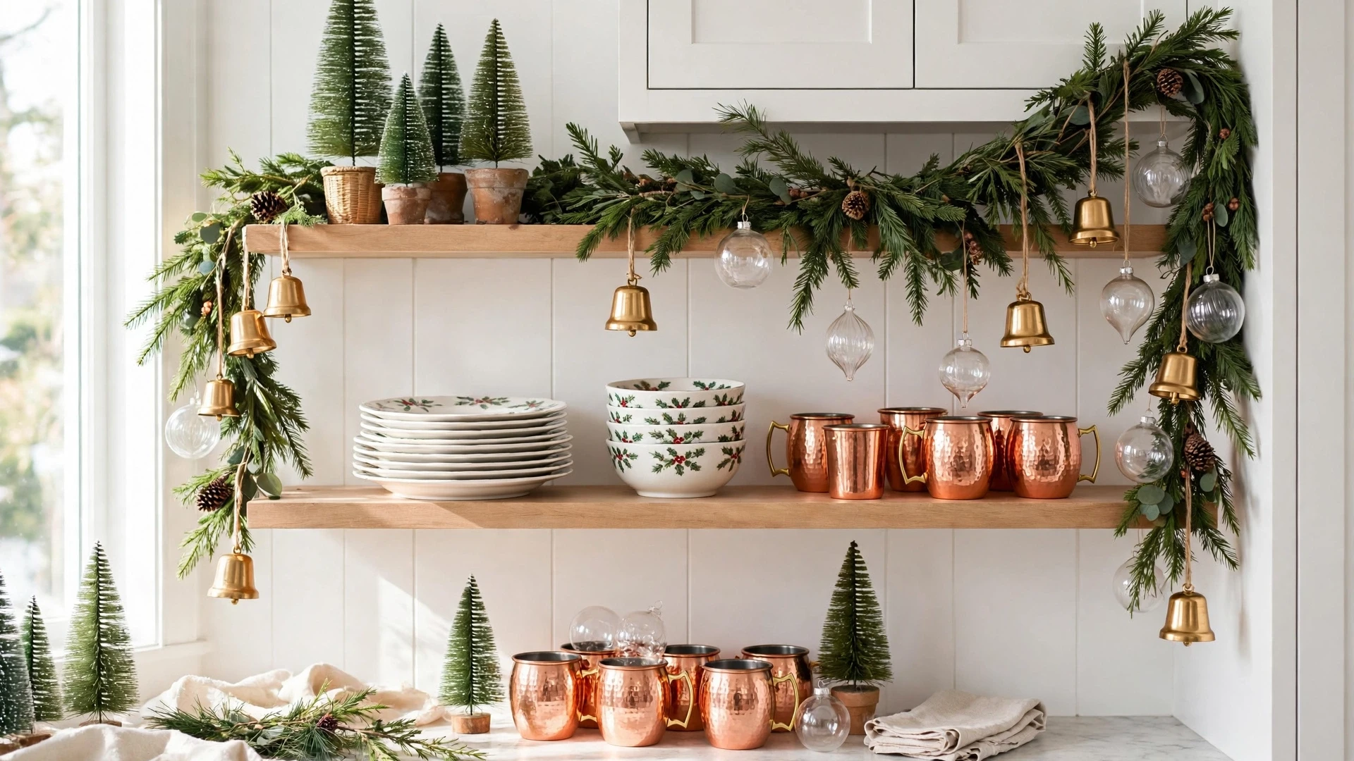 Christmas Kitchen Decor: 25 Festive Ideas to Deck Your Kitchen for the Holidays 3 Christmas garland styled on white kitchen open shelves — christmas kitchen decor