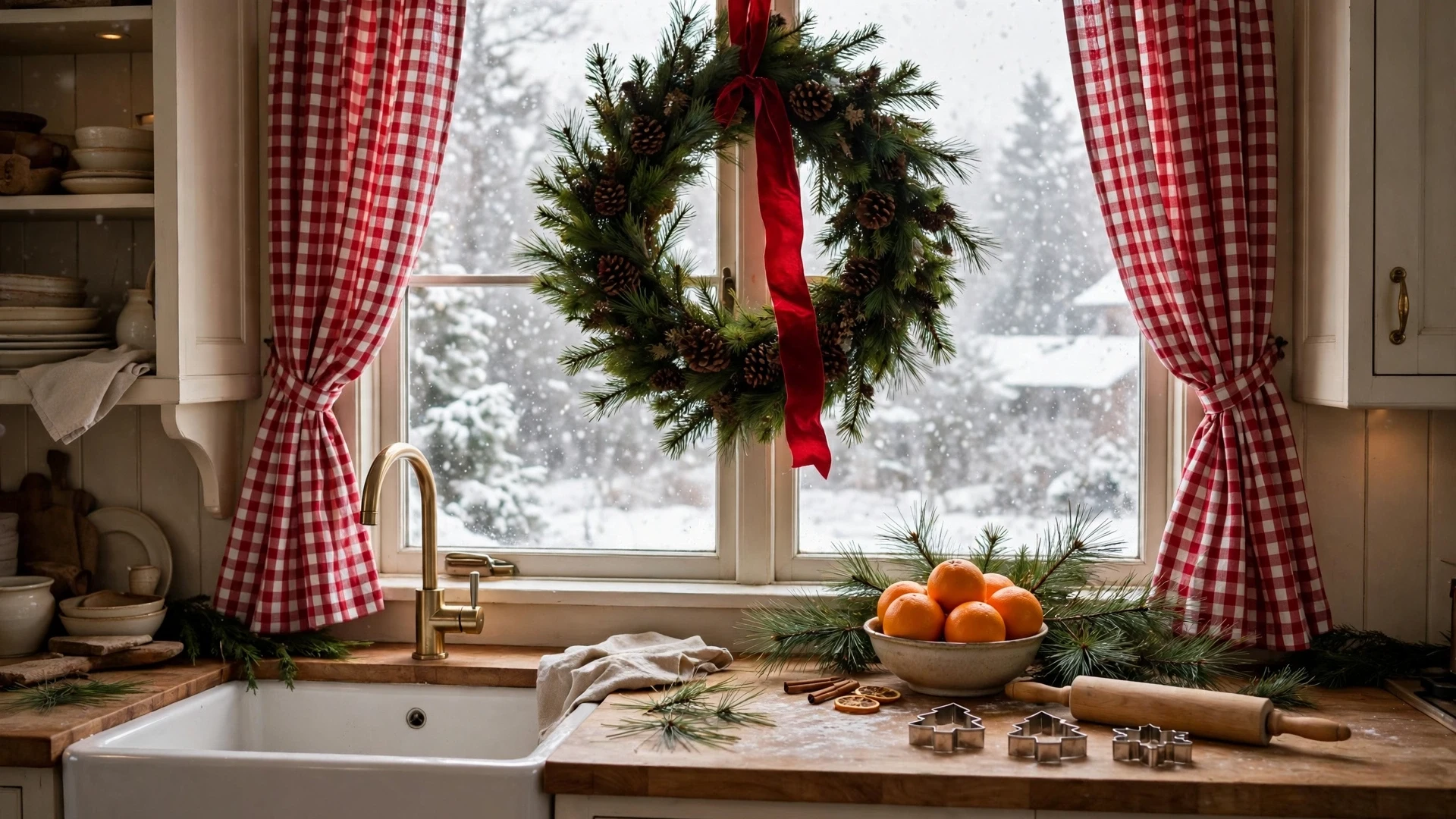 Christmas Kitchen Decor: 25 Festive Ideas to Deck Your Kitchen for the Holidays 6 Christmas wreath on kitchen window over the sink with snow outside — christmas kitchen decor