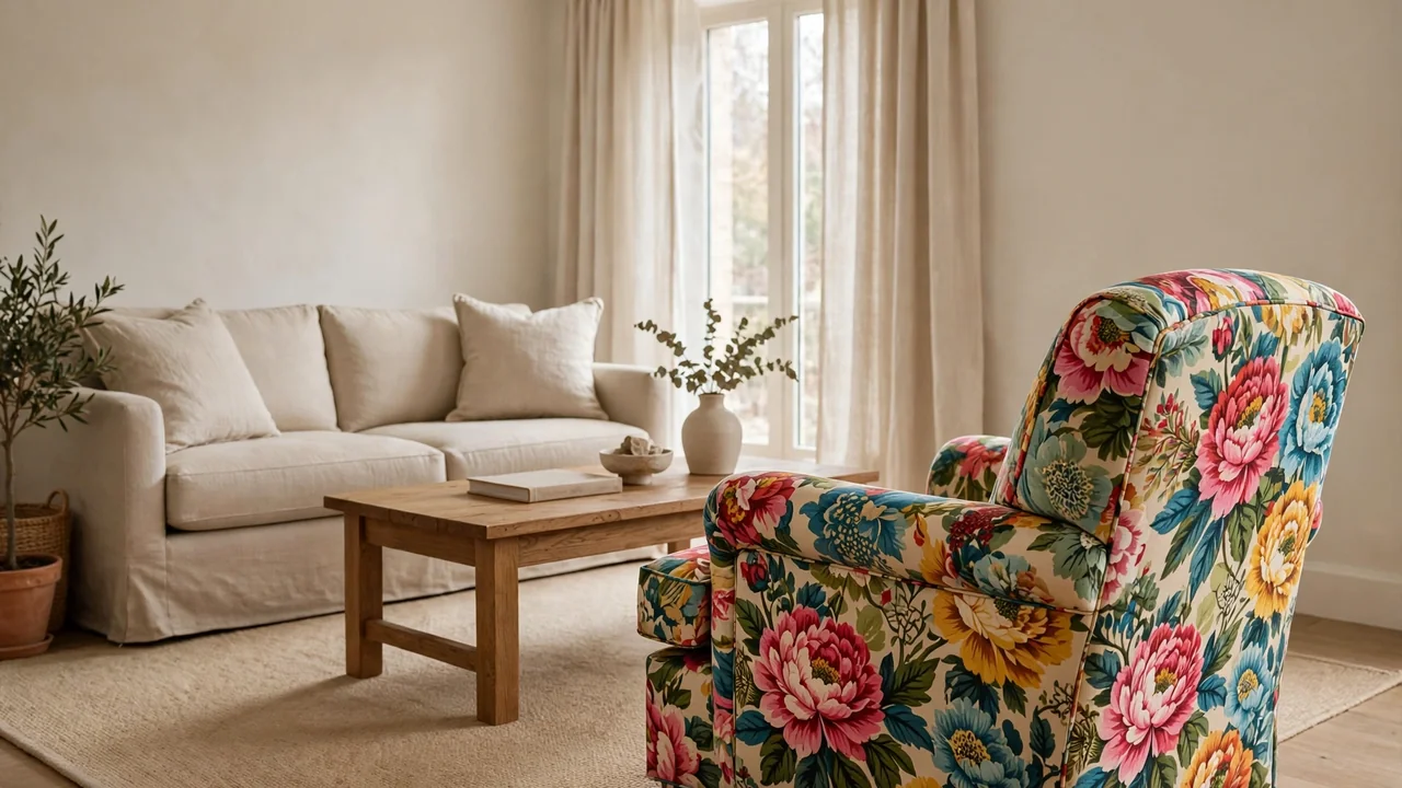 15 Accent Chair Ideas That Steal the Show 4 Bold floral patterned armchair as a statement piece in a neutral living room