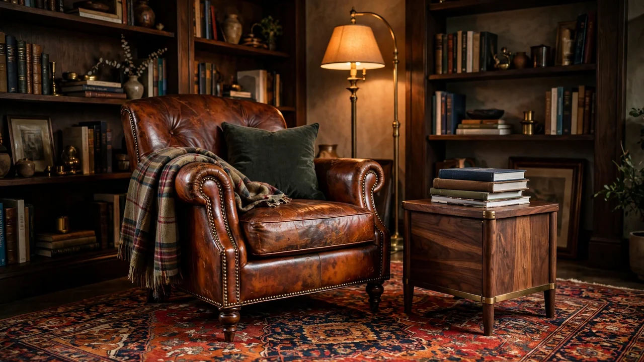15 Accent Chair Ideas That Steal the Show 5 Cognac leather club chair with plaid throw in a cozy library-style corner