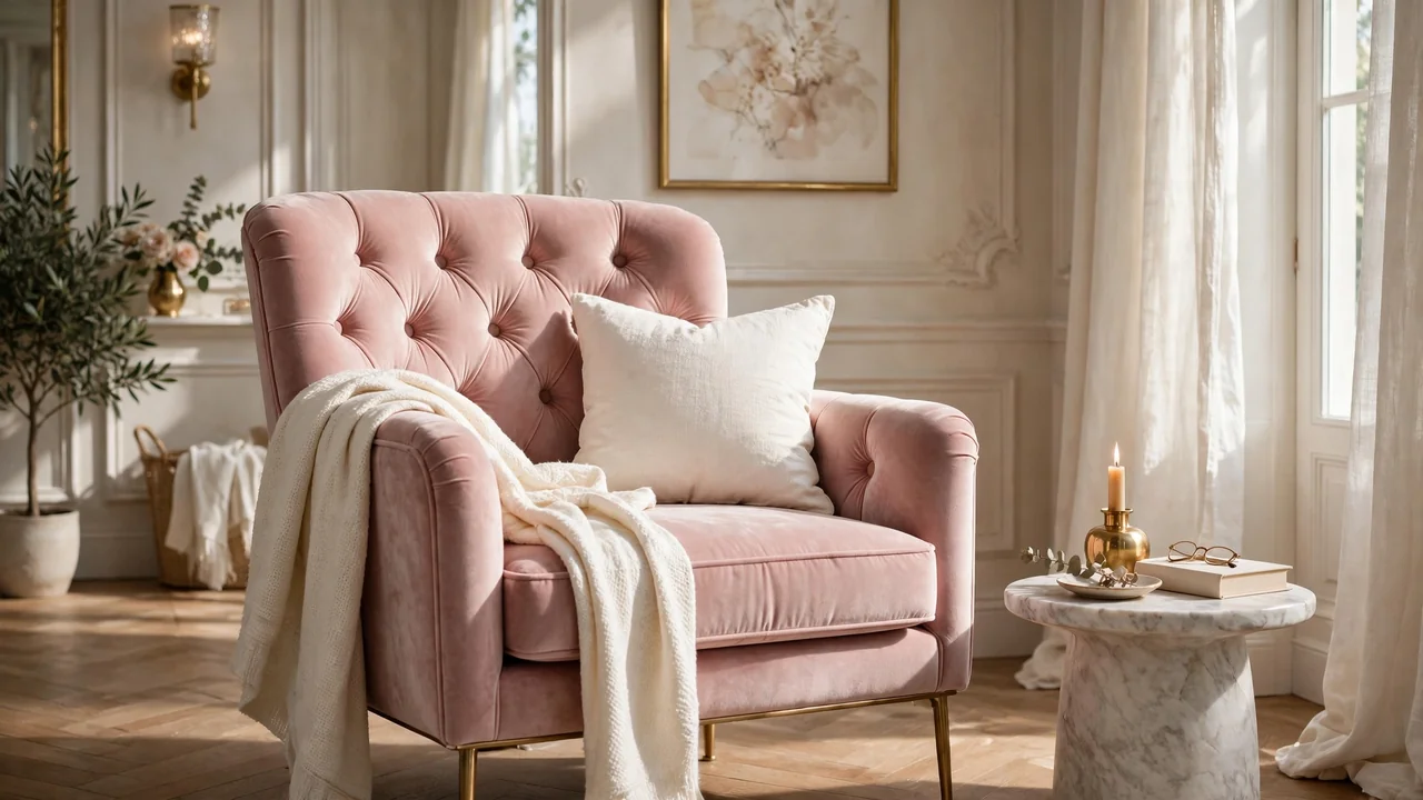 15 Accent Chair Ideas That Steal the Show 6 Blush pink tufted velvet chair with brass accents and marble side table