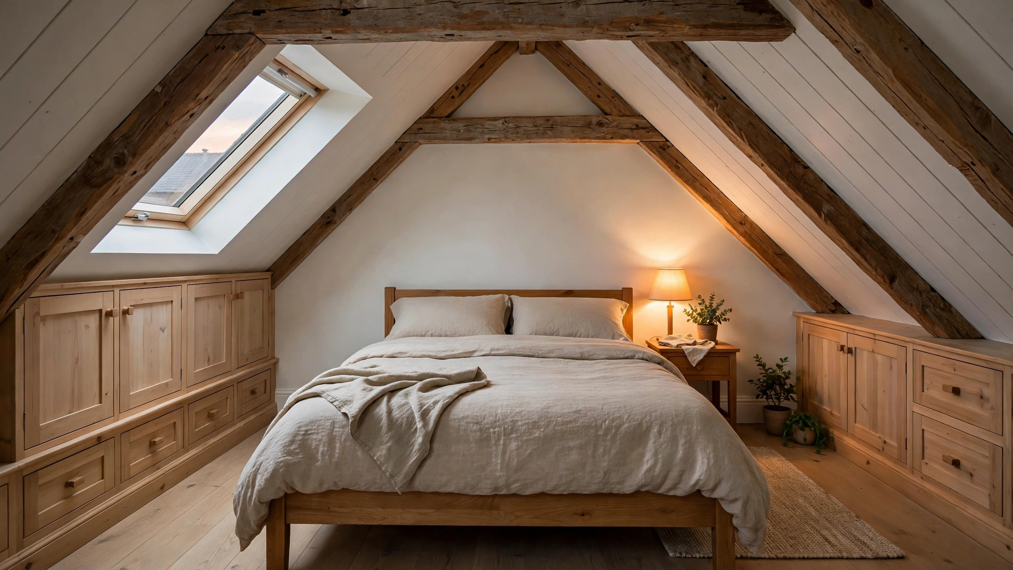 21 Attic Bedroom Ideas to Turn Sloped Ceilings into a Cozy Retreat 3 Attic bedroom ideas: built-in storage drawers along sloped eaves