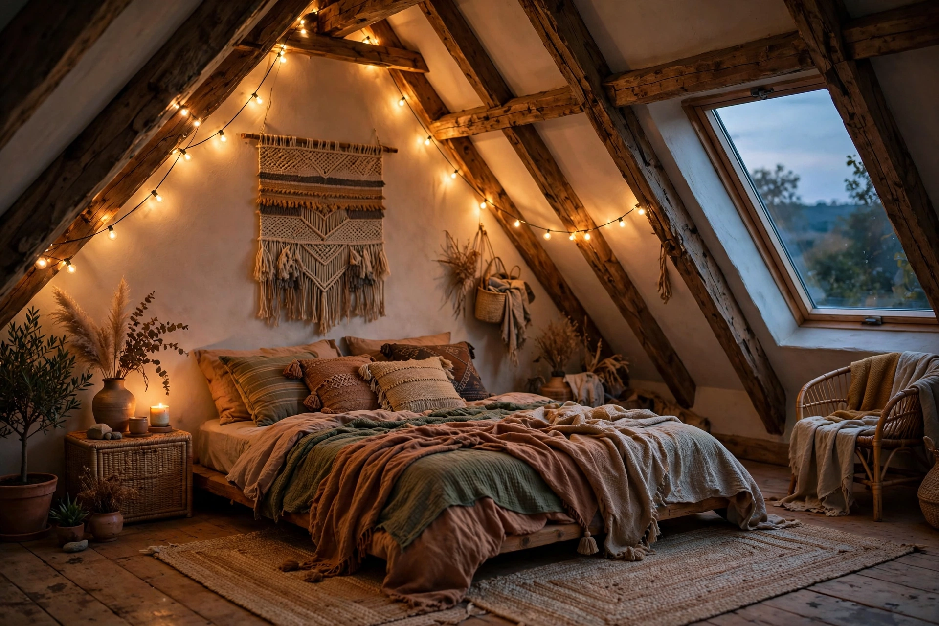 21 Attic Bedroom Ideas to Turn Sloped Ceilings into a Cozy Retreat 4 Attic bedroom ideas: boho attic bedroom with string lights and exposed beams