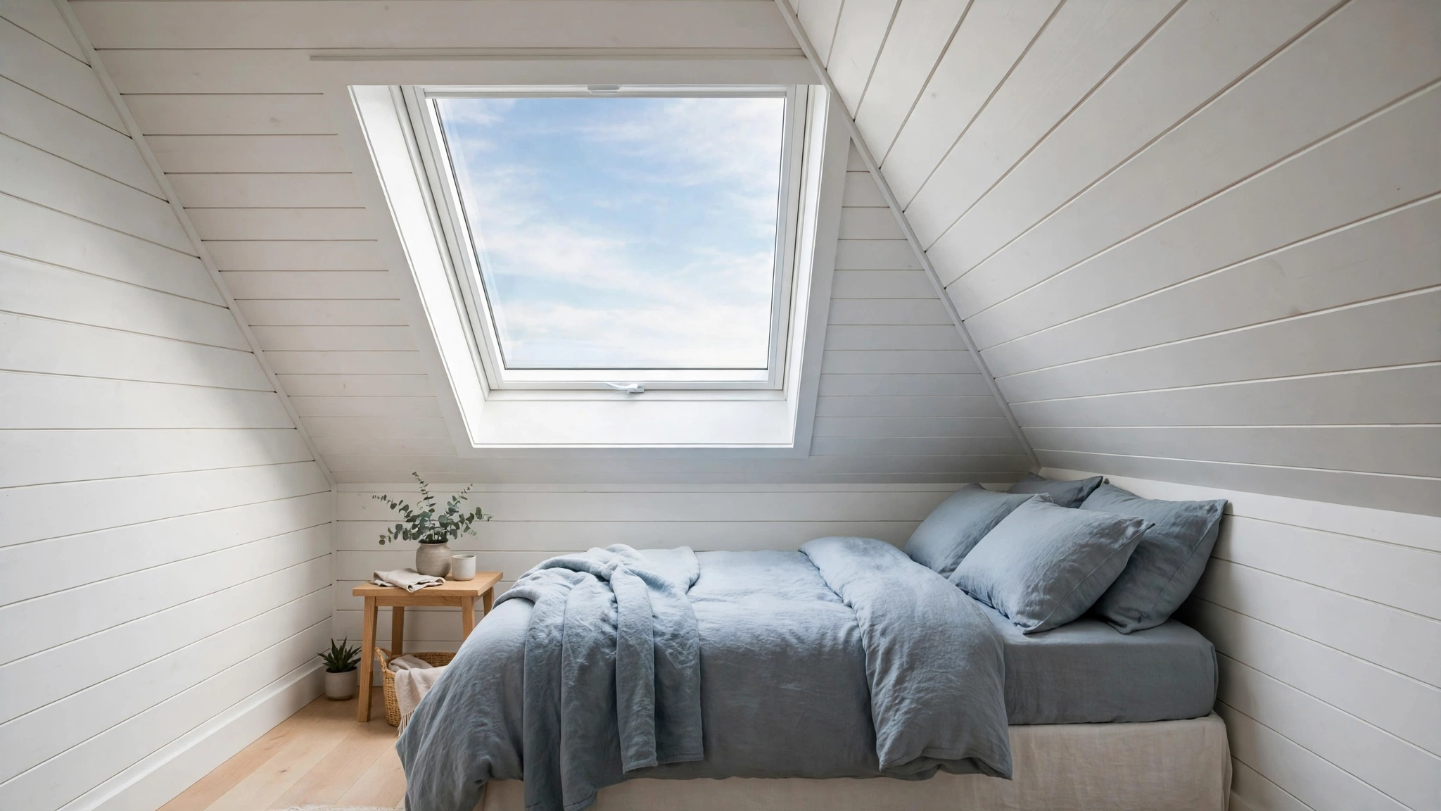 21 Attic Bedroom Ideas to Turn Sloped Ceilings into a Cozy Retreat 5 Attic bedroom ideas: bed tucked under a low eave with a skylight above