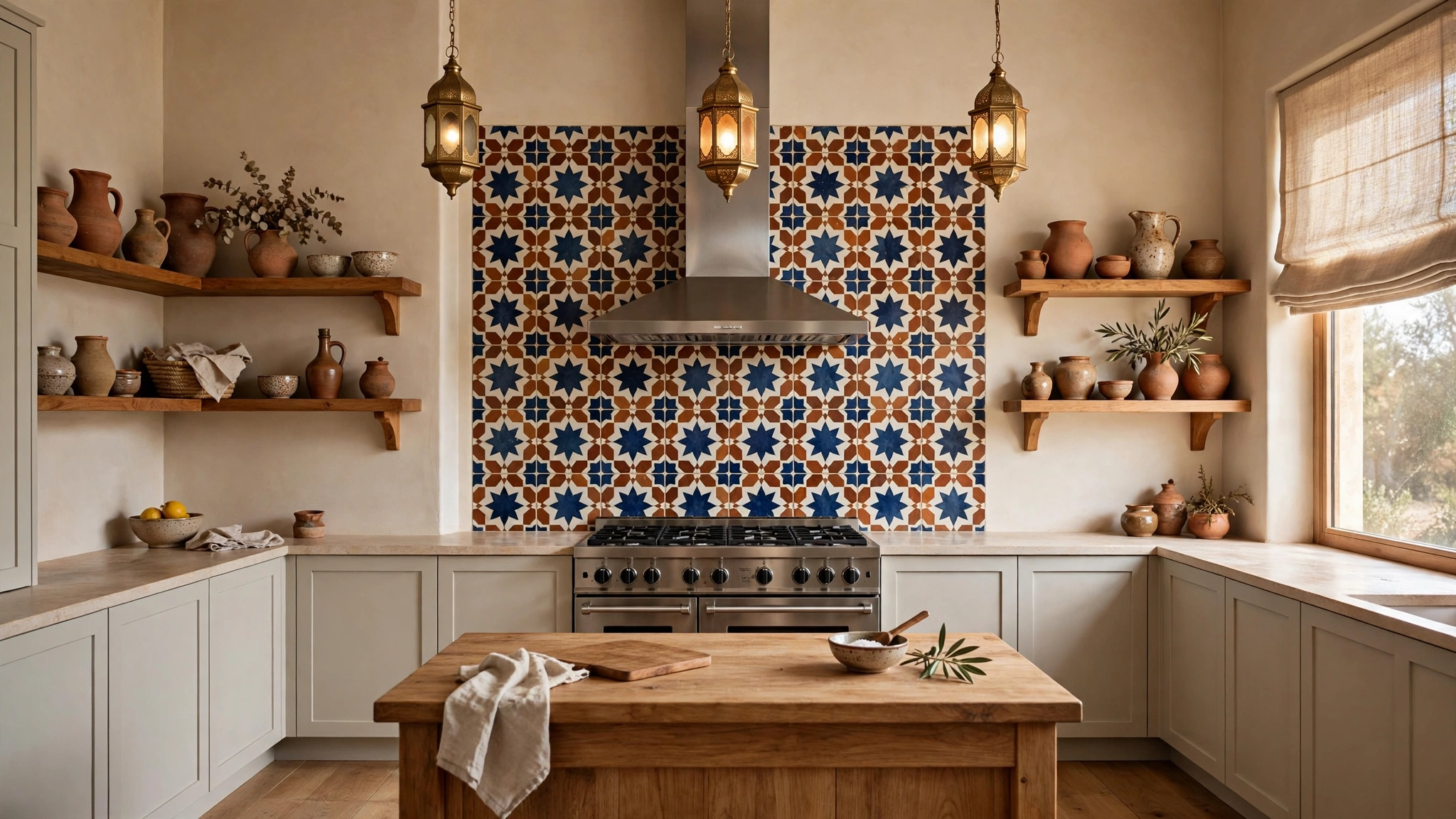 15 Backsplash Ideas Beyond Subway Tile 3 Moroccan encaustic cement tile backsplash in deep blue, terracotta and cream