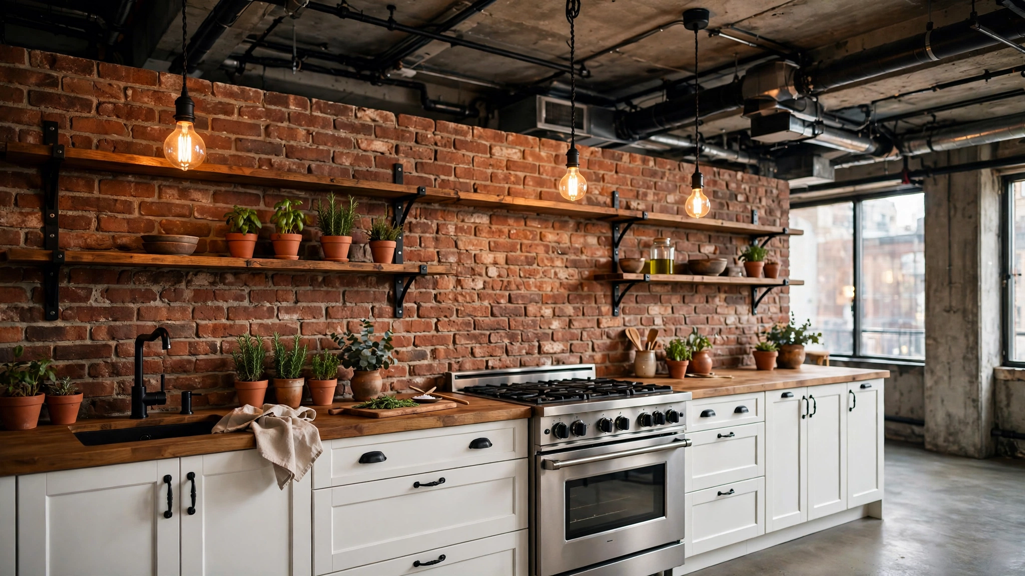15 Backsplash Ideas Beyond Subway Tile 4 Exposed brick backsplash wall with black fixtures and wood open shelving