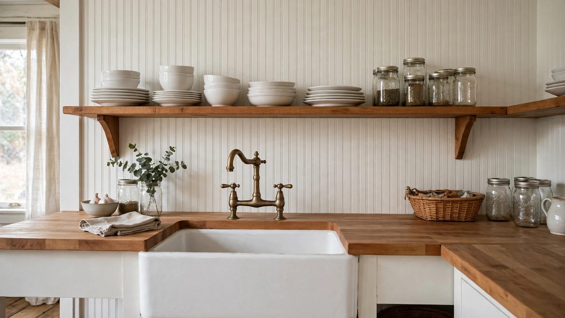 15 Backsplash Ideas Beyond Subway Tile 5 White beadboard backsplash with farmhouse sink and butcher block counters