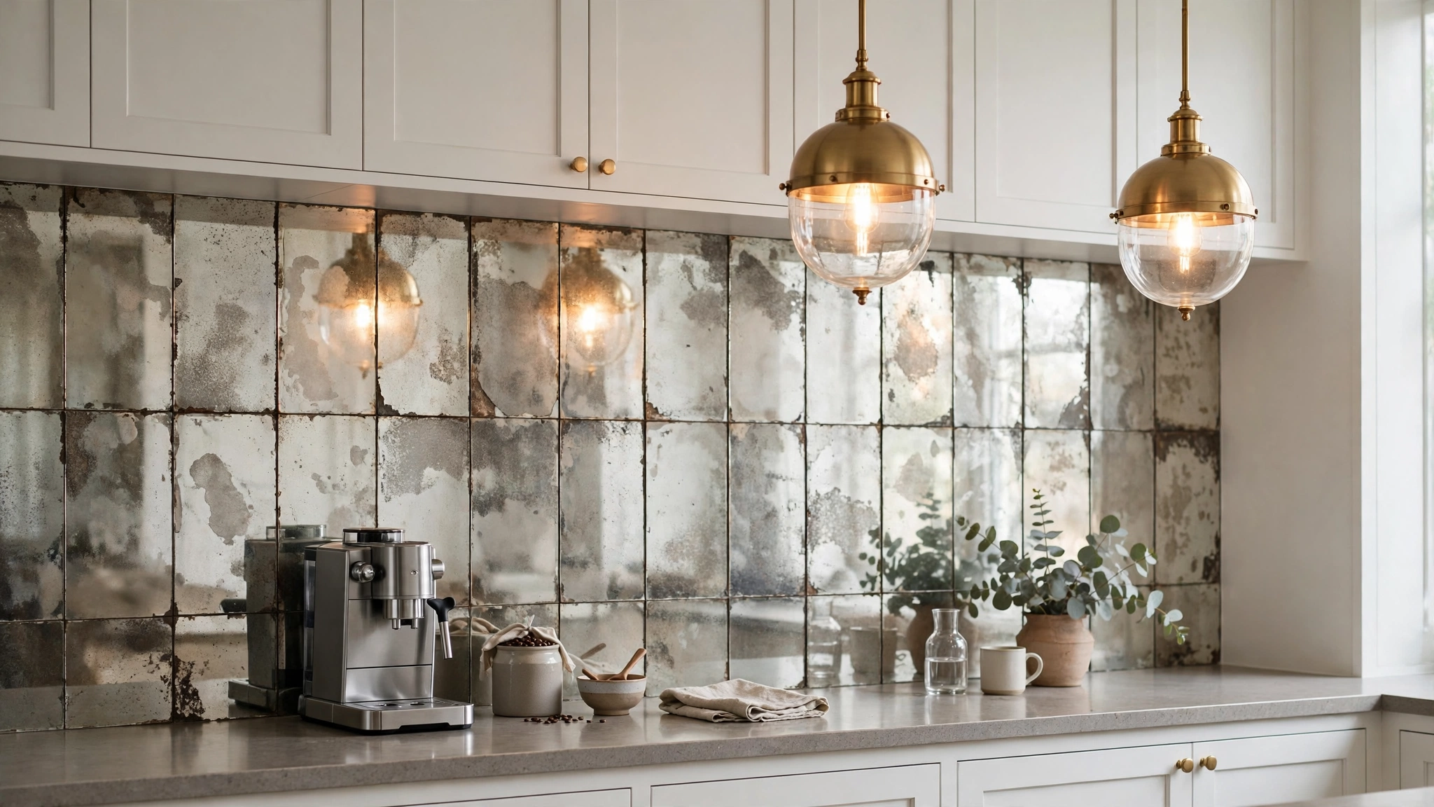 15 Backsplash Ideas Beyond Subway Tile 6 Antique mirror tile backsplash reflecting warm light behind a coffee station