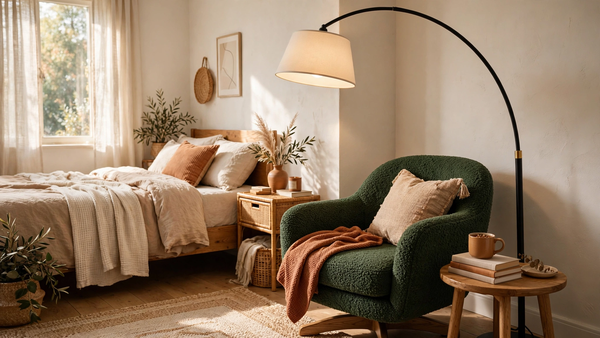 15 Bedroom Lighting Ideas Beyond the Ceiling Light 3 A Tall Arc Floor Lamp Over a Reading Corner