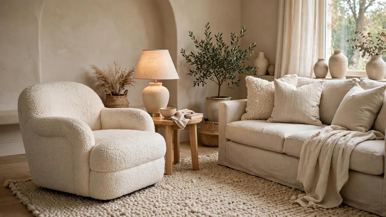 15 Warm Beige Living Room Ideas 3 Cream boucle accent chair beside an oatmeal linen sofa in a beige corner