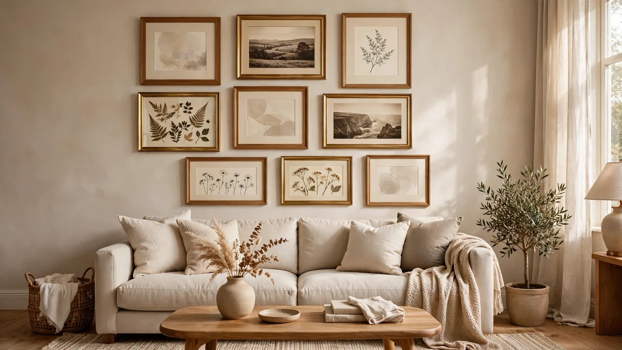 15 Warm Beige Living Room Ideas 6 Beige living room with a gallery wall of warm oak and brass frames