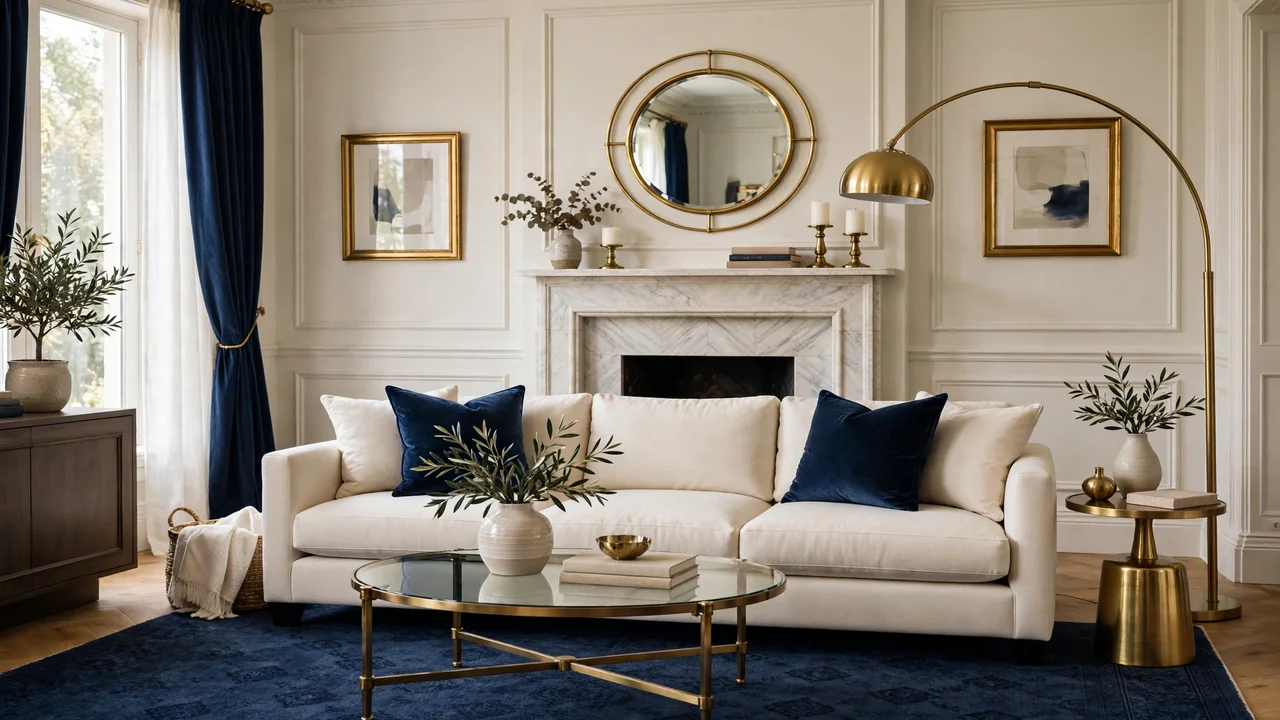 15 Beautiful Blue Living Room Ideas 3 Elegant living room pairing navy blue with brass accents and cream sofa