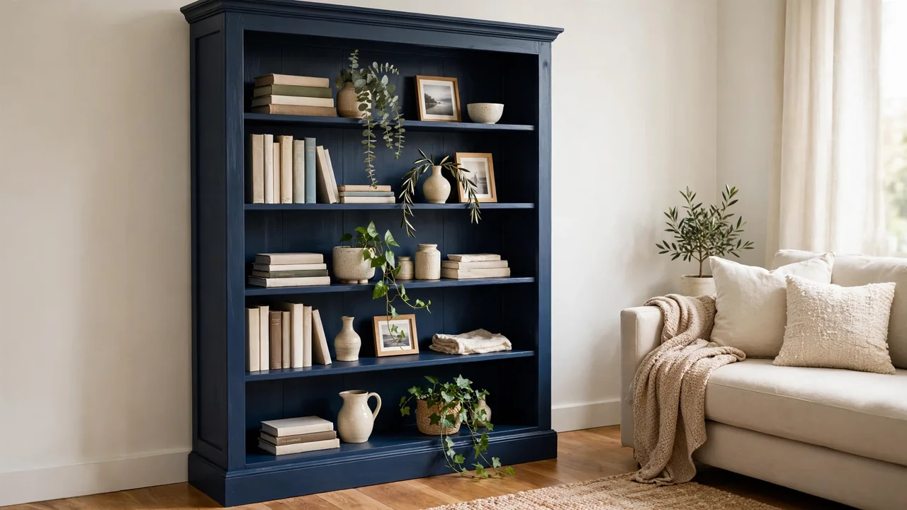 15 Beautiful Blue Living Room Ideas 5 Navy blue painted bookcase styled with ceramics and books in a living room