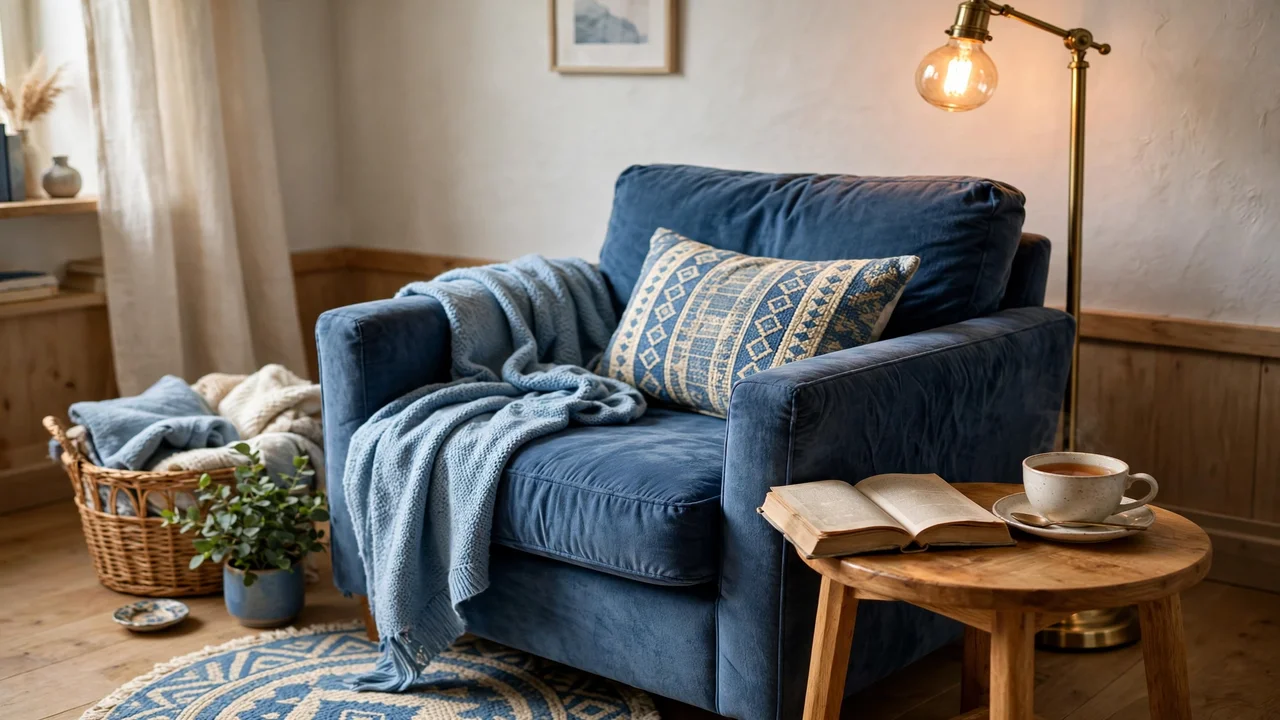 15 Beautiful Blue Living Room Ideas 6 Cozy blue reading corner with armchair, blue throw and brass floor lamp