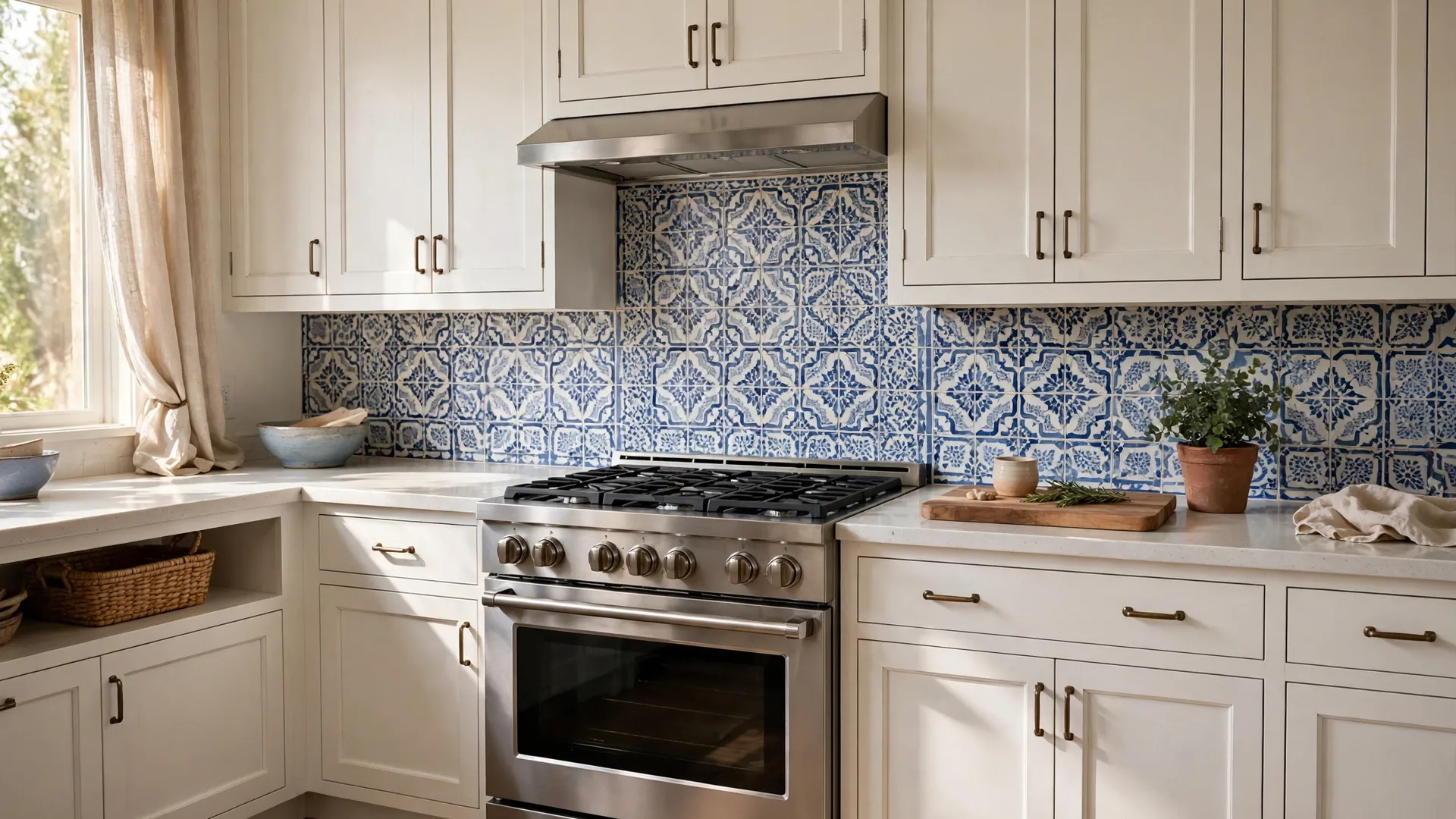 15 Budget Kitchen Makeover Ideas 4 Kitchen with a blue and white patterned backsplash behind the range
