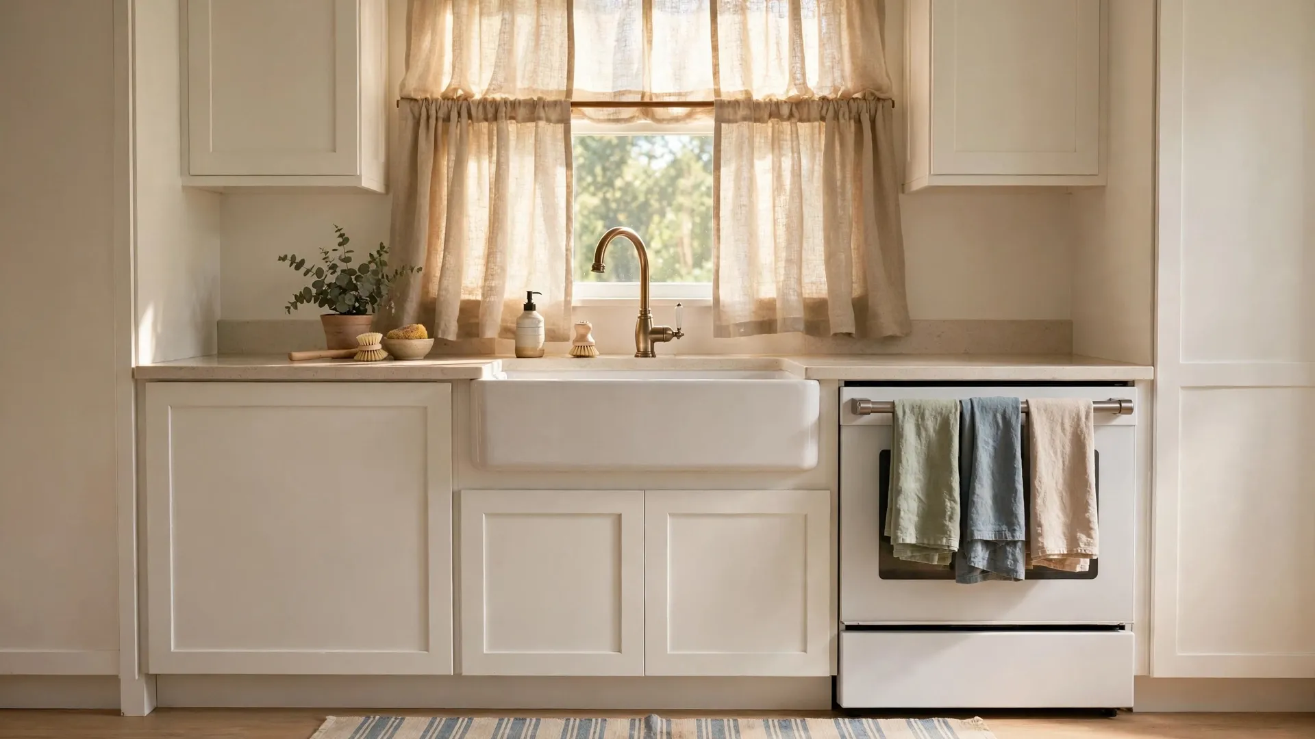 15 Budget Kitchen Makeover Ideas 6 Kitchen sink area with a vintage-look striped runner rug and linen cafe curtains