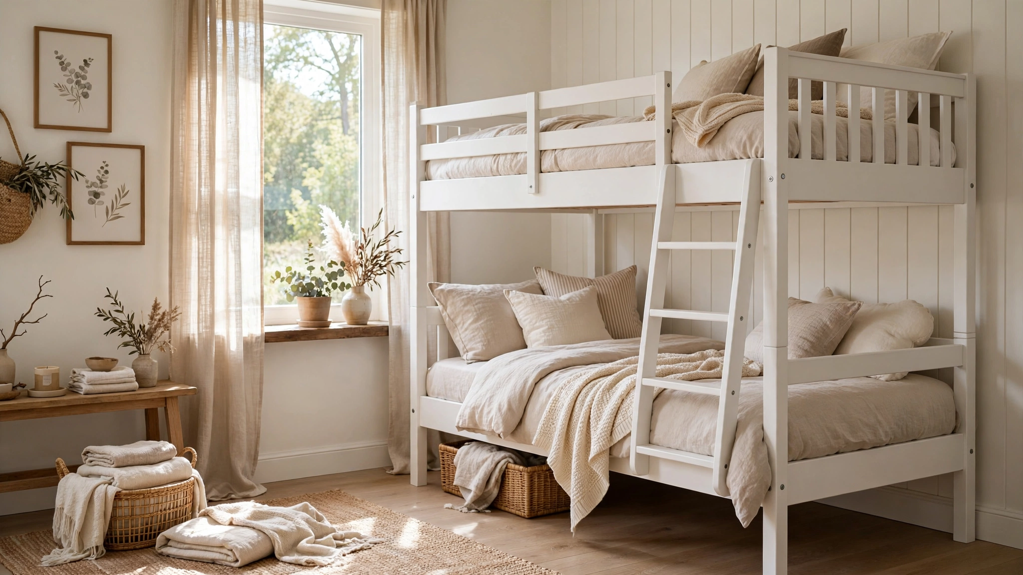 15 Space-Saving Bunk Bed Ideas 2 Classic White Wooden Bunks with Soft Neutral Bedding
